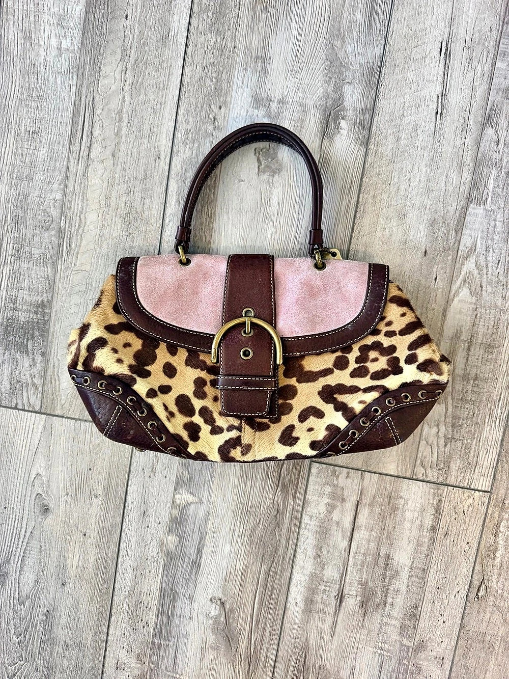Coach Leopard Print Shoulder Bag in Brown & Pink